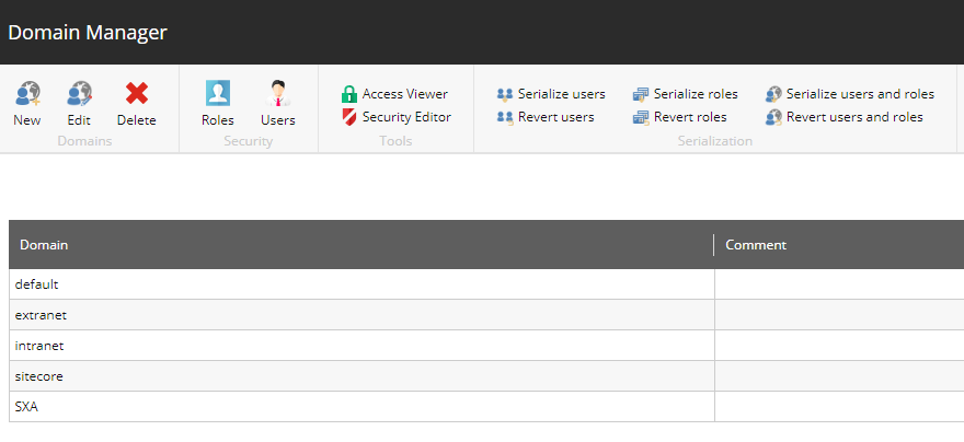 Domain Manager window in Sitecore.